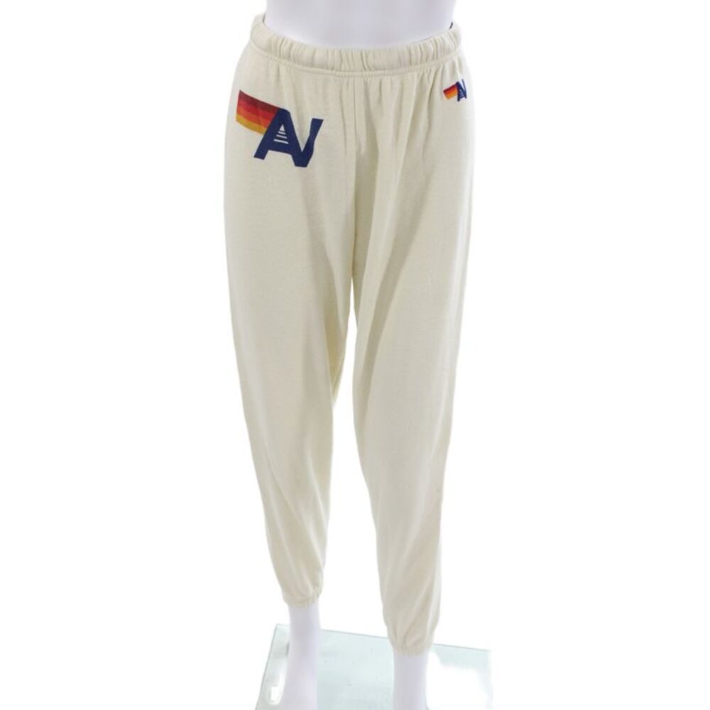 Aviator Nation Unisex Sweatpants Beige Graphic Retro Drawstring Size XS